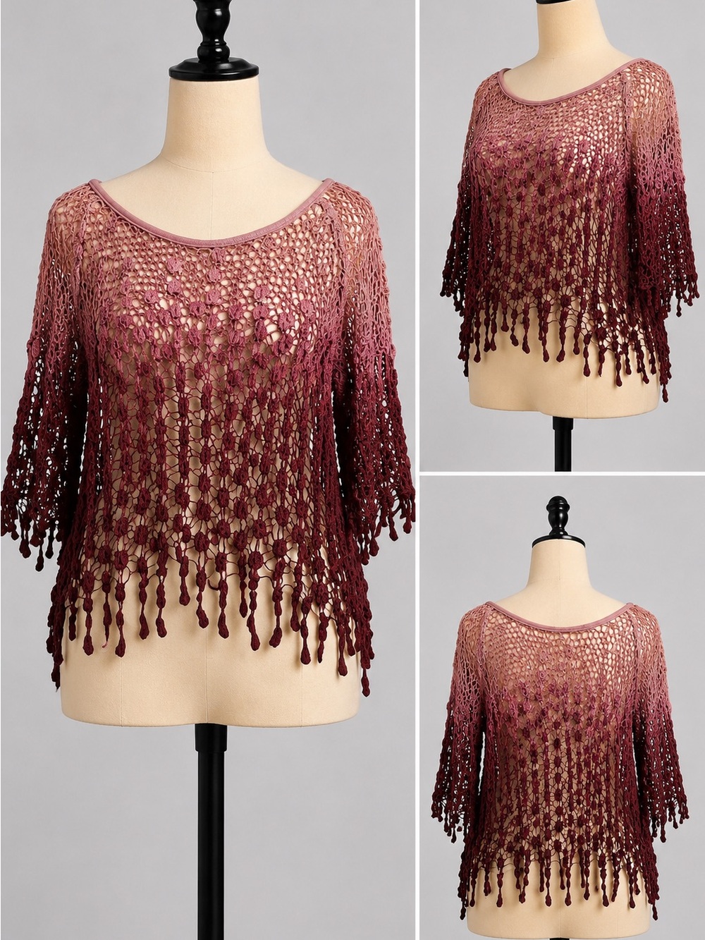 Free People Ombre Crochet Fringe Top Pink Burgundy Boho Festival Size M